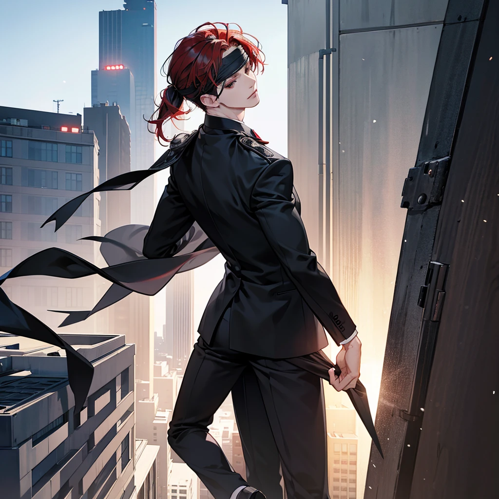 1boy, black red hair, blindfolded, wearing all black suits, on top of a building, high res, ultrasharp, 8k, masterpiece, looking at viewer from behind