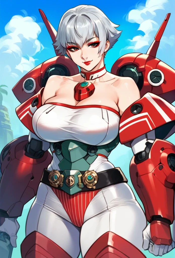 8k，best quality，masterpiece，Very detailed，Semi-realistic，a girl，White off-shoulder top，White gloves，White and red striped tight skirt，Silver wavy short hairstyle，Red eyeakeup Eyeshadow，Lipstick，Smile，science fiction apocalypse，Fighter warehouse，chest mecha，Large Breasts，Arm mecha，Mecha belt