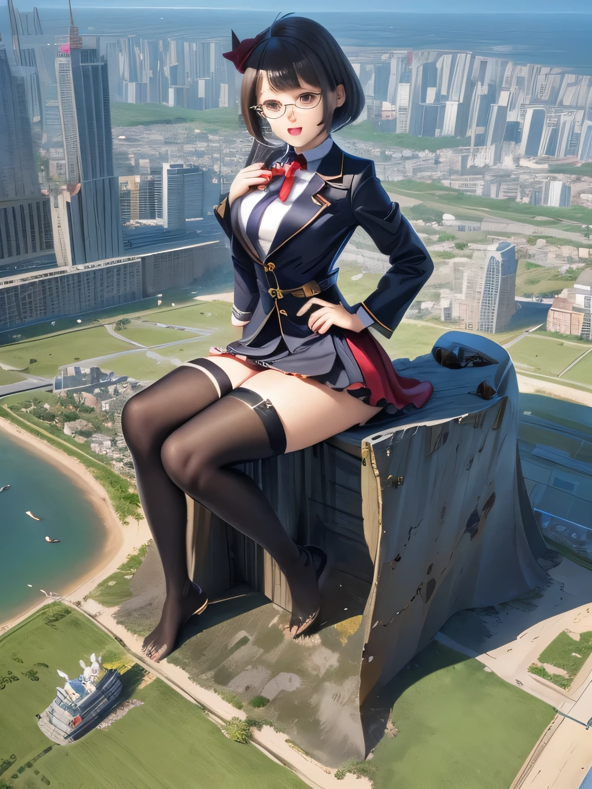 multiple girls, 3girls, standing, giantess art, highly detailed giantess shots, giantess, most detailed, perfect face, Two legs, Five fingers, short hair, A high school girl who is bigger than a skyscraper, Wearing rimless glasses, smile, huge breasts, Navy blazer, Red tie, mini skirt, black pantyhose, no shoes on, toes visible through pantyhose, Steam coming out from the soles of my feet, seaside metropolis, numerous miniature warships on the sea, Destroying cities, Under heavy attack, A very small big city, Miniature metropolis, Full body description, GTS, giga giantess, stomping city, crash city, tiny city, micro city, pantyhose feet, High resolution, highest quality, masterpiece, 