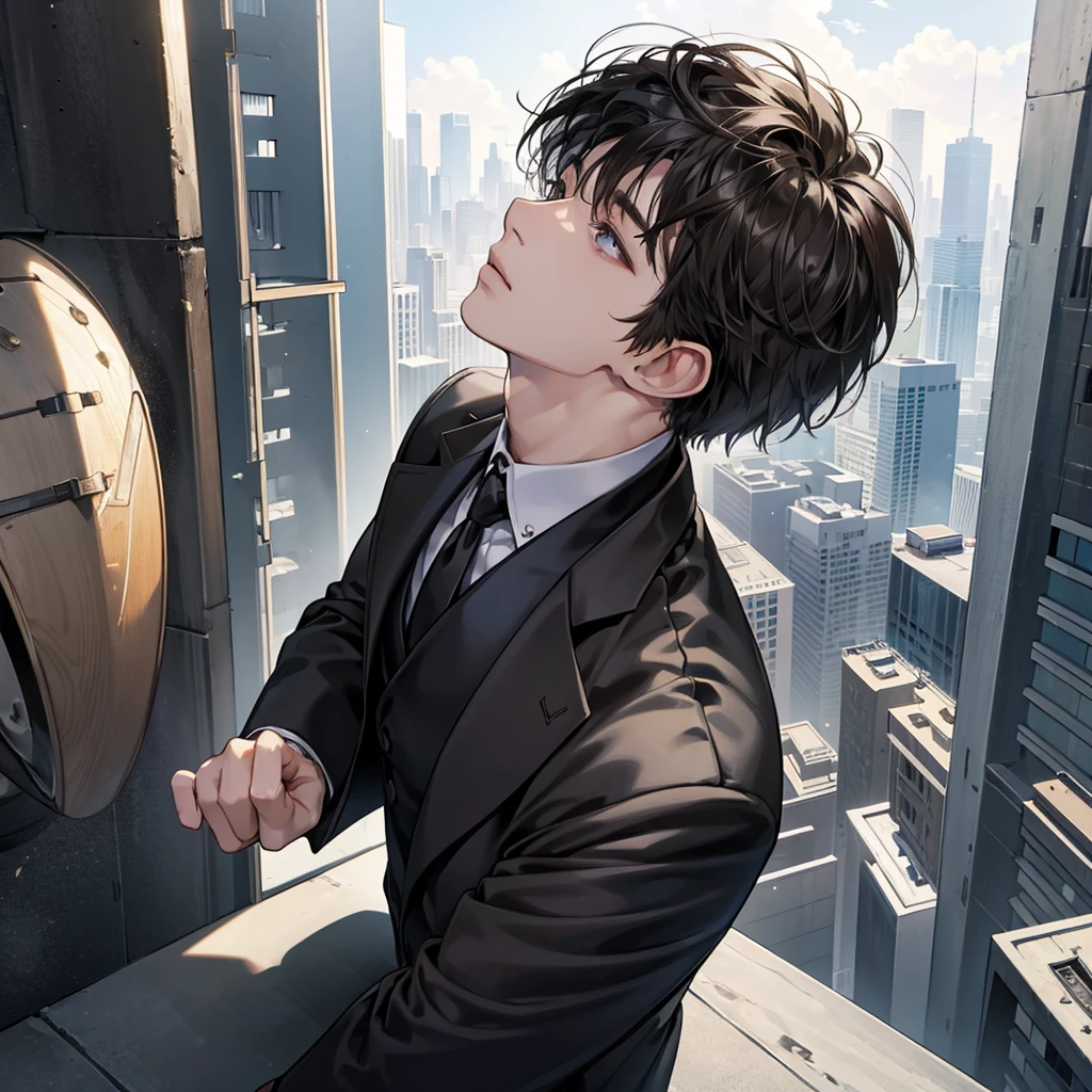 1boy, black brown hair, blindfolded eyes, wearing all black suits, on top of a building, high res, ultrasharp, 8k, masterpiece, looking at viewer from behind