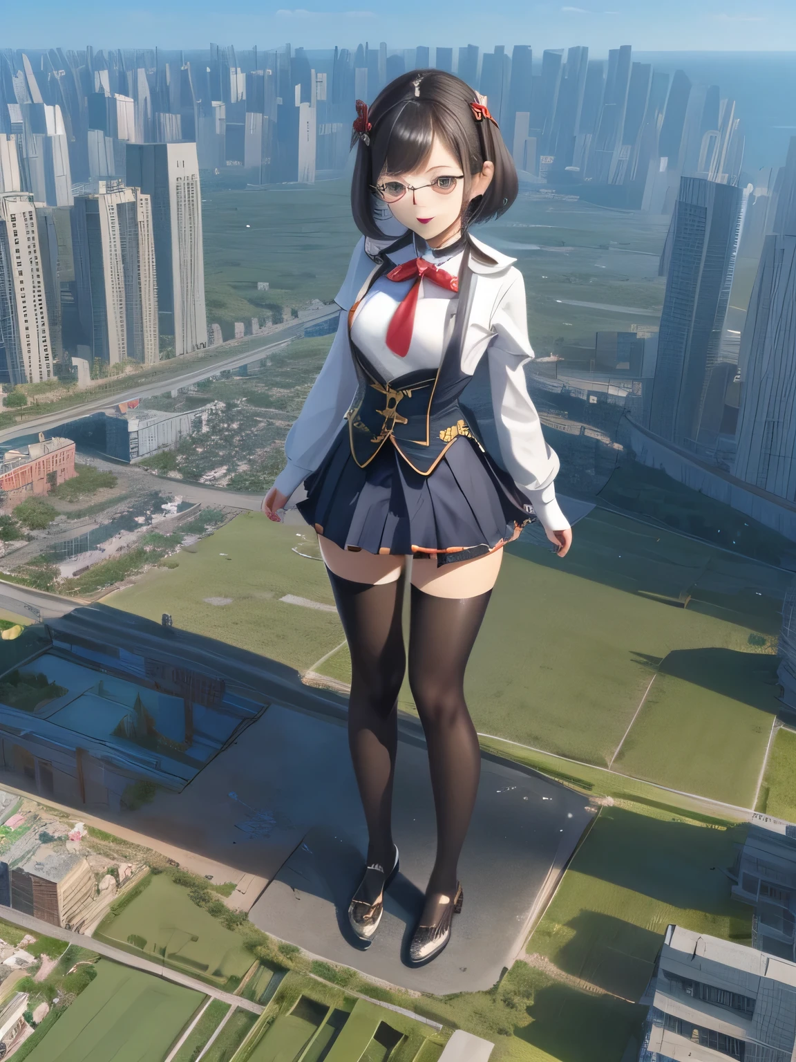 multiple girls, 3girls, standing, giantess art, highly detailed giantess shots, giantess, most detailed, perfect face, Two legs, Five fingers, short hair, A high school girl who is bigger than a skyscraper, Wearing rimless glasses, smile, huge breasts, Navy blazer, Red tie, mini skirt, black pantyhose, no shoes on, toes visible through pantyhose, Steam coming out from the soles of my feet, seaside metropolis, numerous miniature warships on the sea, Destroying cities, Under heavy attack, A very small big city, Miniature metropolis, Full body description, GTS, giga giantess, stomping city, crash city, tiny city, micro city, pantyhose feet, High resolution, highest quality, masterpiece, 