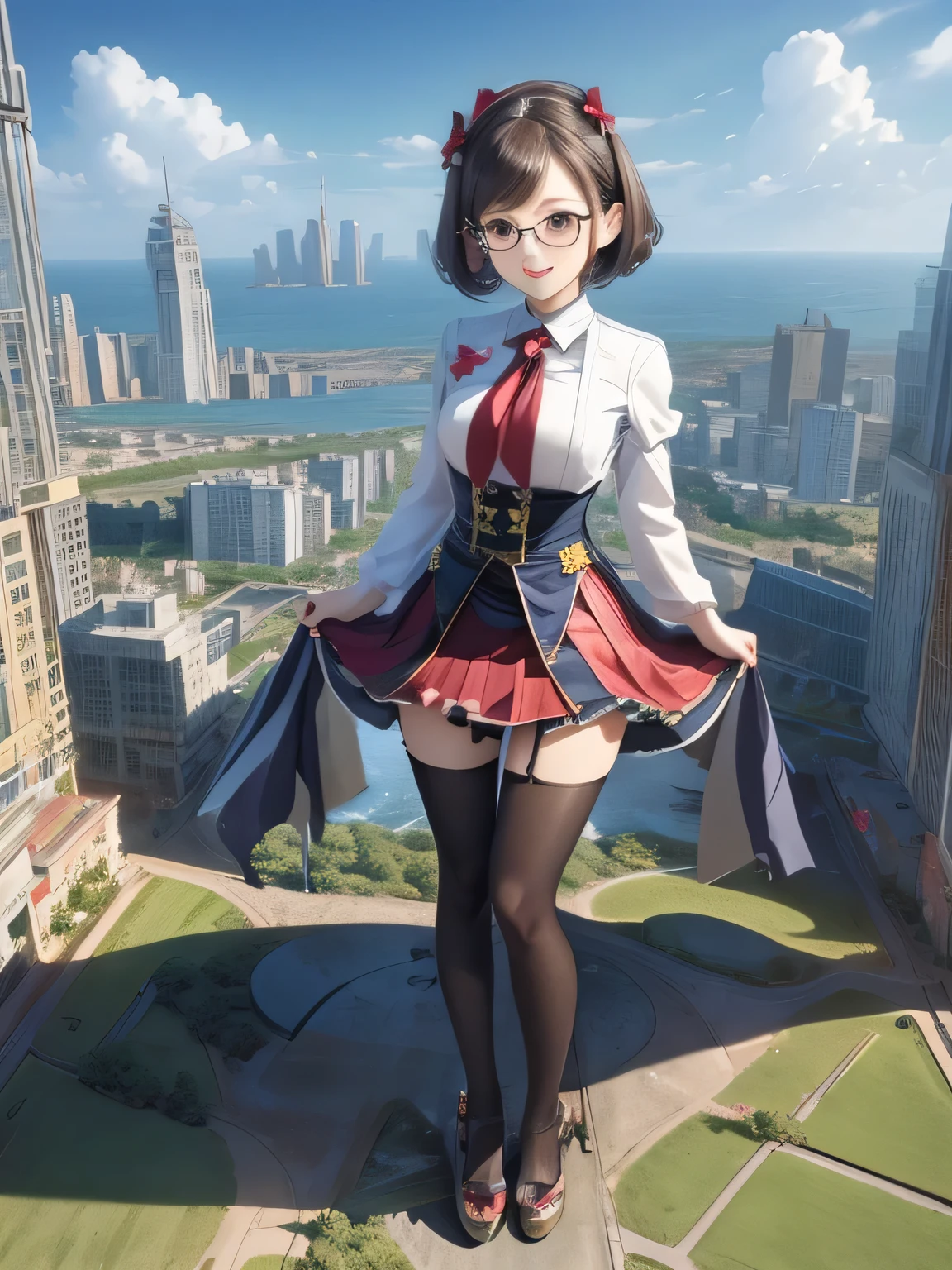 multiple girls, 3girls, standing, giantess art, highly detailed giantess shots, giantess, most detailed, perfect face, Two legs, Five fingers, short hair, A high school girl who is bigger than a skyscraper, Wearing rimless glasses, smile, huge breasts, Navy blazer, Red tie, mini skirt, black pantyhose, no shoes on, toes visible through pantyhose, Steam coming out from the soles of my feet, seaside metropolis, numerous miniature warships on the sea, Destroying cities, Under heavy attack, A very small big city, Miniature metropolis, Full body description, GTS, giga giantess, stomping city, crash city, tiny city, micro city, pantyhose feet, High resolution, highest quality, masterpiece, 