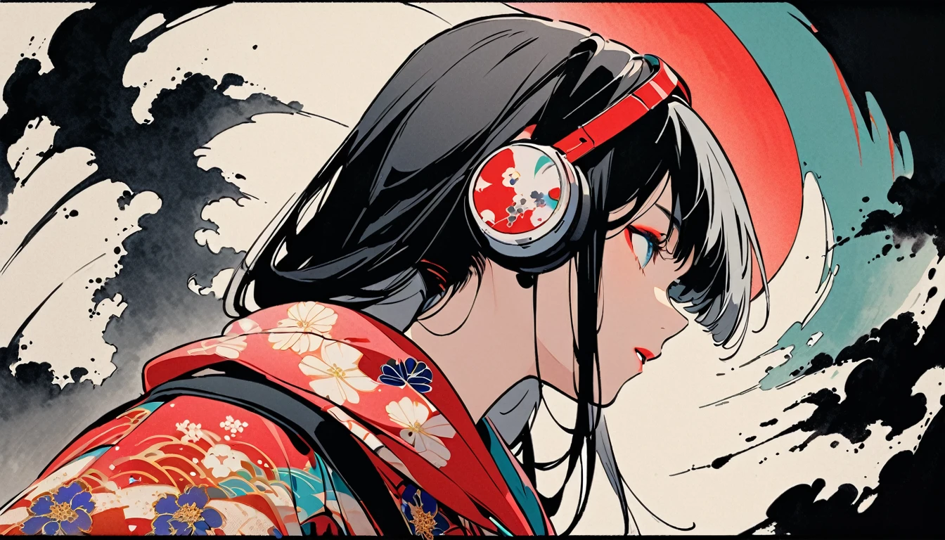 (((Ink Painting))), Fashion portrait color photos, (((from below))), (((Flashy makeup))), (((Japanese style headphones))), (((Japanese pattern hoodie))), (((Put on the hood))), Japan人の少女, Black Hair, Delicate and precise, Modern ukiyo-e style,Japan, Japanese flag, vivid color