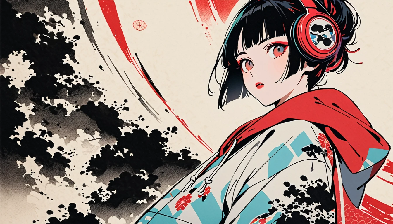 (((Ink Painting))), Fashion portrait color photos, (((from below))), (((Flashy makeup))), (((Japanese style headphones))), (((Japanese pattern hoodie))), (((Put on the hood))), Japan人の少女, Black Hair, Delicate and precise, Modern ukiyo-e style,Japan, Japanese flag, vivid color