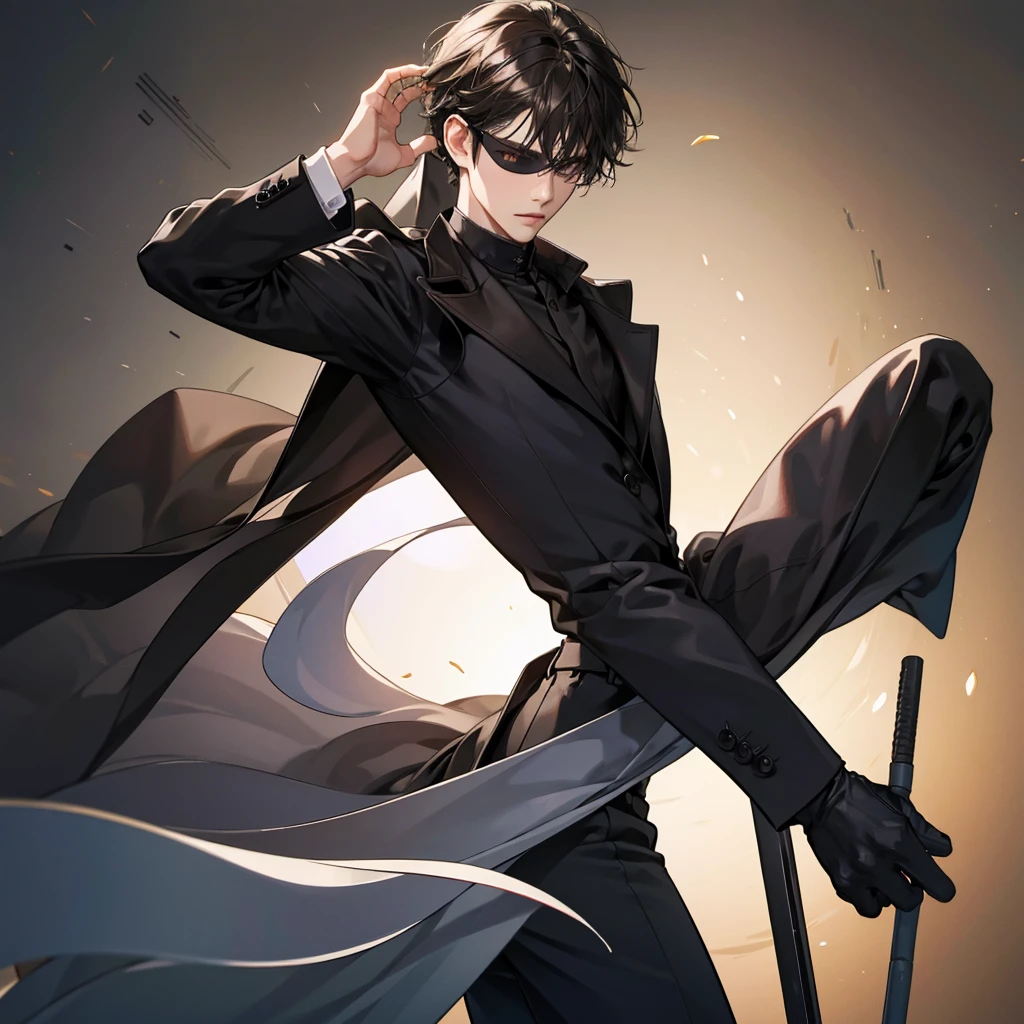 1boy, black brown hair, blindfolded eyes, wearing all black suits, streets, high res, ultrasharp, 8k, masterpiece, looking at viewer from behind