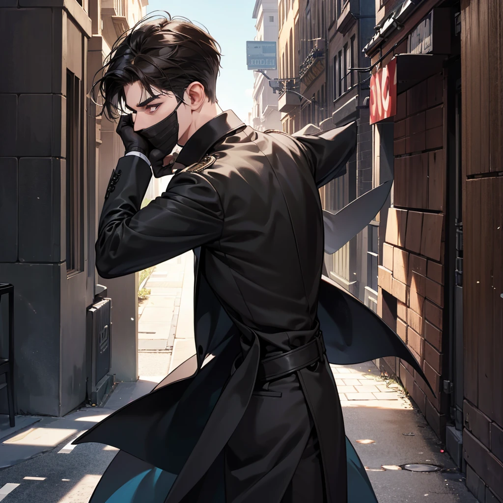 1boy, black brown hair, blindfolded eyes, wearing all black suits, streets, high res, ultrasharp, 8k, masterpiece, looking at viewer from behind