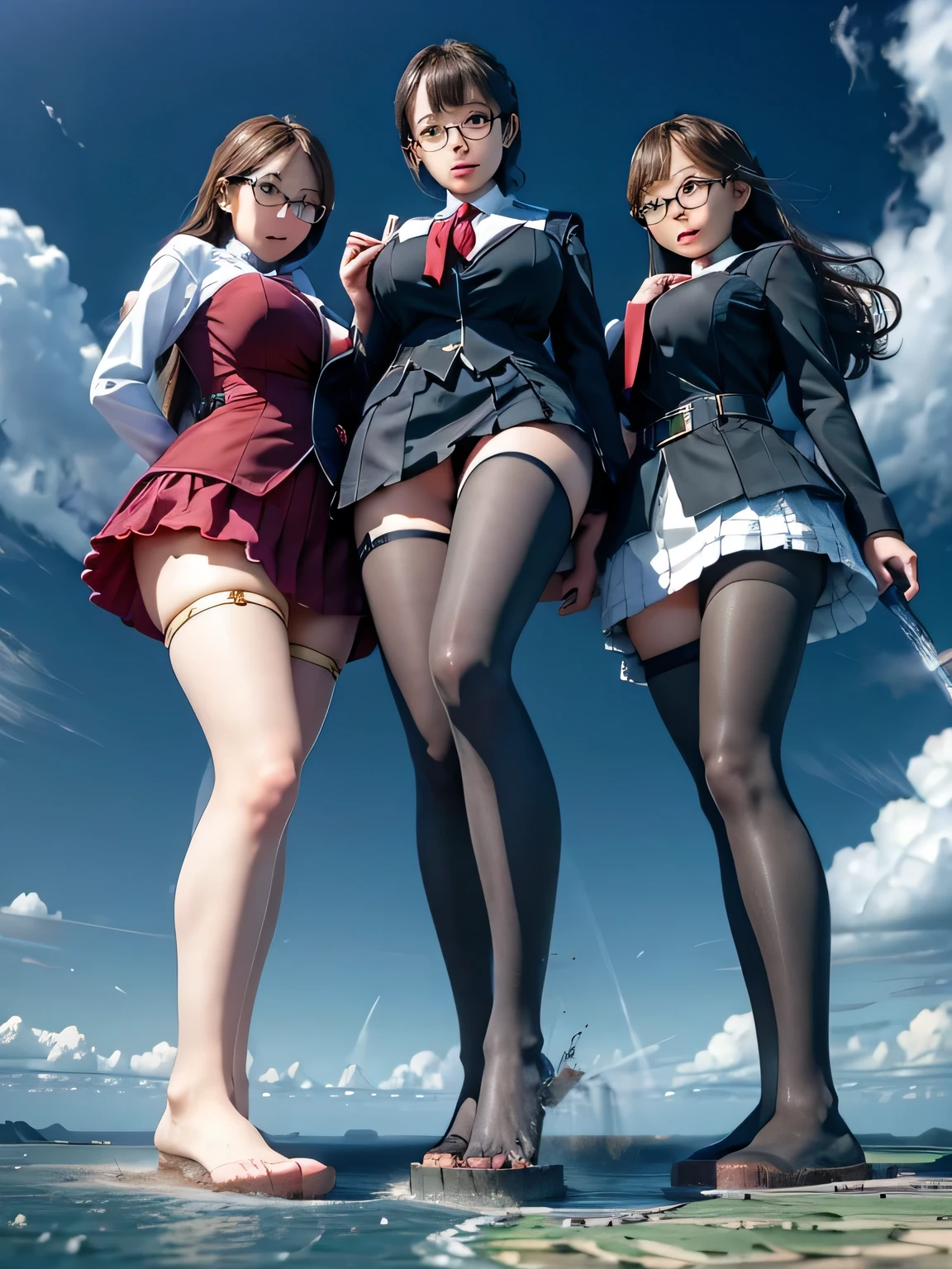 multiple girls, 3girls, standing, giantess art, highly detailed giantess shots, giantess, most detailed, perfect face, Two legs, Five fingers, short hair, A high school girl who is bigger than a skyscraper, Wearing rimless glasses, smile, huge breasts, Navy blazer, Red tie, mini skirt, black pantyhose, no shoes on, toes visible through pantyhose, Steam coming out from the soles of my feet, seaside metropolis, numerous miniature warships on the sea, Destroying cities, Under heavy attack, A very small big city, Miniature metropolis, Full body description, GTS, giga giantess, stomping city, crash city, tiny city, micro city, pantyhose feet, High resolution, highest quality, masterpiece, 