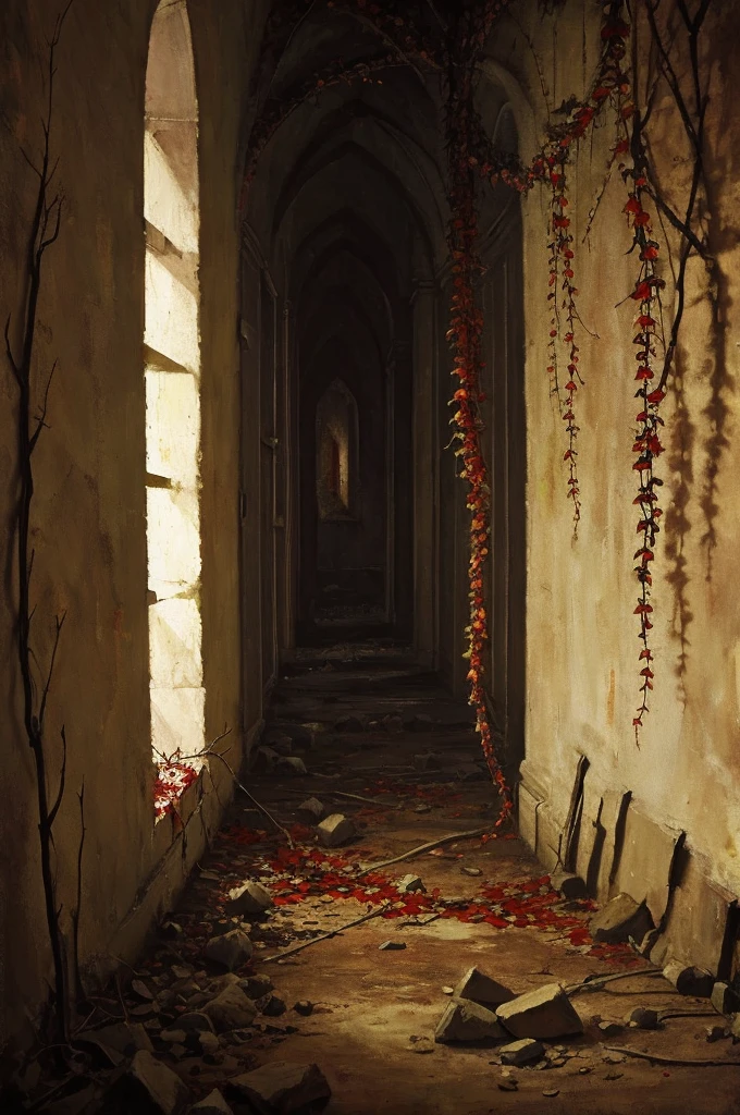 Demonic daedric stoned room inside, view on wall, darkness, bloody, bloody withered vine, infernal night, few colours, agressive filter, the style of the 60s, oil painting