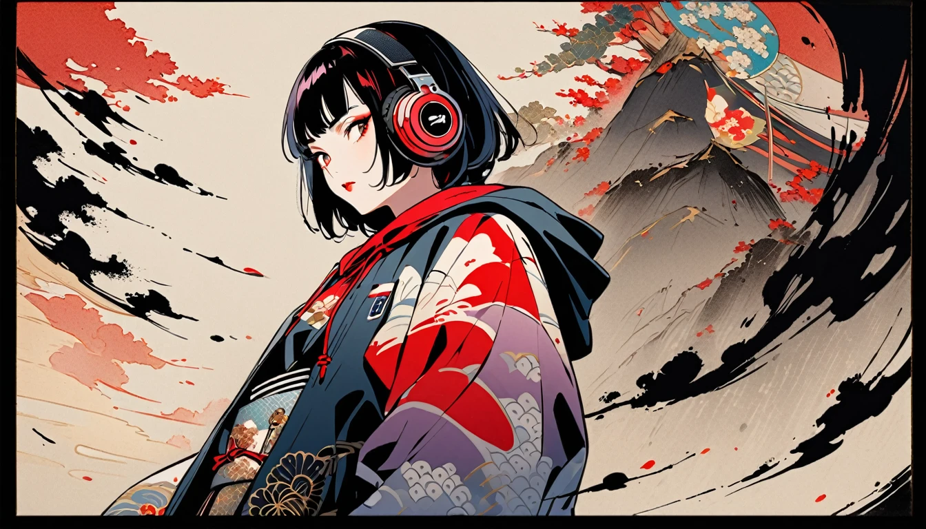 (((Ink Painting))), Fashion portrait color photos, (((from below))), (((Flashy makeup))), (((Japanese style headphones))), (((Japanese pattern hoodie))), (((Put on the hood))), Japan人の美少女, samurai, Delicate and precise, Modern ukiyo-e style,Japan, Japanese flag, vivid color