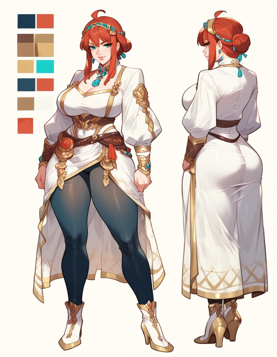 Detailed character sheet, Front view, Side view, Oblique view, with a white returnground, show women, Full body,