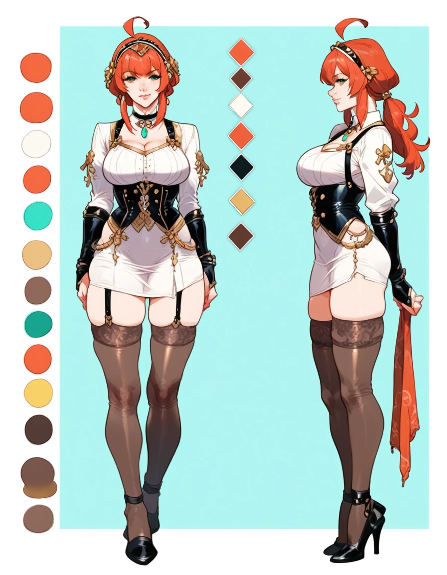 Detailed character sheet, Front view, Side view, Oblique view, with a white returnground, show women, Full body,