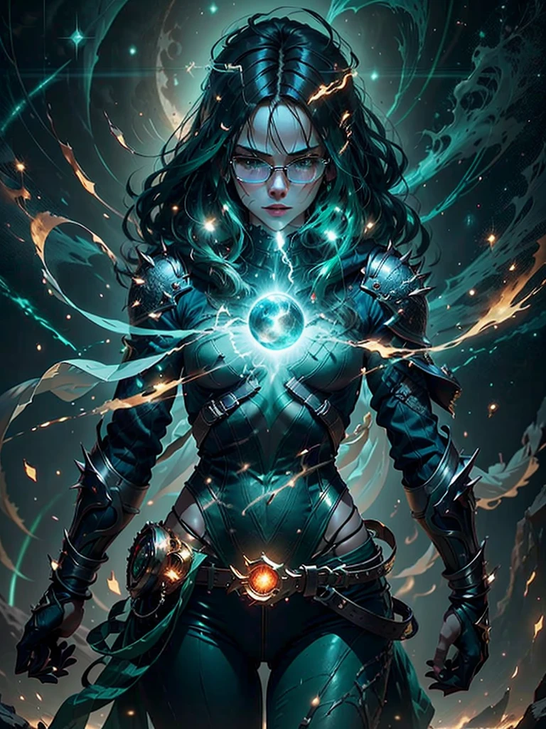 (3 characters:1.5, 2 men:1.5, 1womanl:1.5). under a night sky full of stars. At the center, the female character with long red hair and blue eyes, wearing a white blouse with a black corset and brown belts. This character holds a glowing blue sphere above his head with both hands.. On the left a character with dark hair and glasses, wearing a blue coat and wielding a sword that emits dark energy. On the right another character with spiky green hair is casting a spell with glowing green magical energy around his hand. All characters are positioned in front of an ethereal cosmic backdrop that includes a large luminous moon and spiral galaxies. Extremely detaild, 8k, HDR, naturallight, cinematic lighting, masterpiece-anatomy-perfect, ultra HD, RAW photo, metallic, professional, ultra-fine painting, perfect body proportions, anatomically correct, uhd, real texture material, Anti-Aliasing, FKAA, TXAA, SSAO, Post Processing, Post Production, Tone Mapping, CGI, VFX, SFX, hyper maximalist, Volumetric, ultra photorealultra-detailed intricate details.
