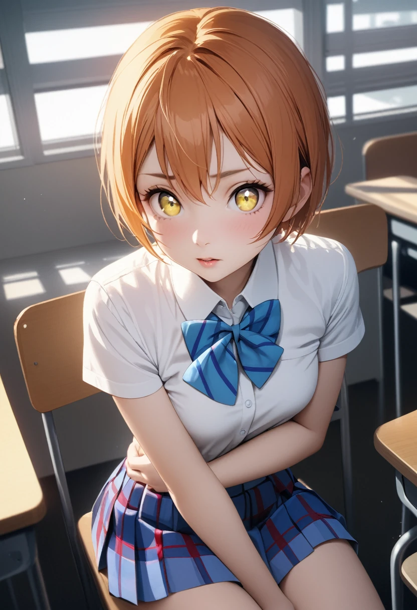1girl, solo, rin hoshizora, Hoshizora Rin (love live!), orange hair, (((yellow eyes))), short hair, ((otonokizaka school uniform)), (blue_bowtie), white shirt, small breasts, slim legs, sitting in classroom, from front, 、,masterpiece, realistic, highres, best quality, cinematic, dramatic lighting, (((detailed hair, face, eyes, pupils, clothes, skin))), face focus,