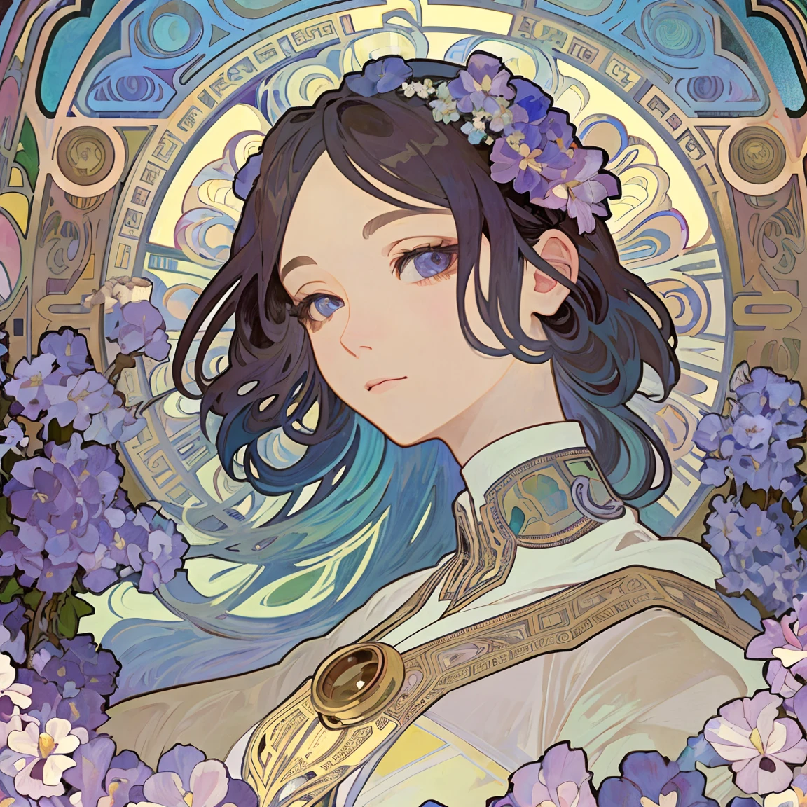 1 beauty、(masterpiece、Highest quality、Highest quality、beautifully、aesthetic:1.2)、Round Picture Frame、Rainbow colors、Shining jewelry hair ornament、Flowers in full bloom、Jewelry made with attention to detail、dynamic、Elegant woman concept、(((Alphonse Mucha)))、Shining Eyes、Colorful Hair、Fluttering petals、Gradation、Very detailed, Unreal Engine, wonderful, Intricate details, Splash screen, Complementary Color, 8k resolution, 逸脱のmasterpiece、Brand Hair、Fluttering Hair、A blank look、Violet Flowers、Crystal of snow、winter