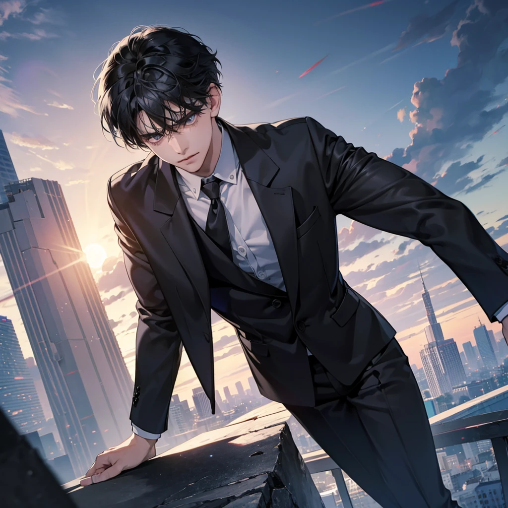 1boy, black hair, blindfolded, wearing all black suits, on top of a building, crying, high res, ultrasharp, 8k, masterpiece, looking at viewer from behind
