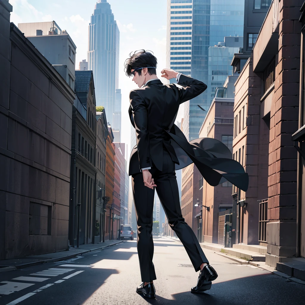 1boy, black hair, blindfolded, wearing all black suits, on top of a building, crying, high res, ultrasharp, 8k, masterpiece, looking at viewer from behind
