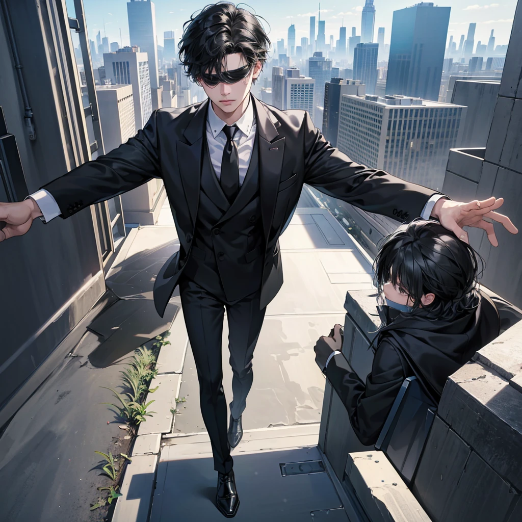 1boy, black hair, blindfolded, wearing all black suits, on top of a building, crying, high res, ultrasharp, 8k, masterpiece, looking at viewer from behind