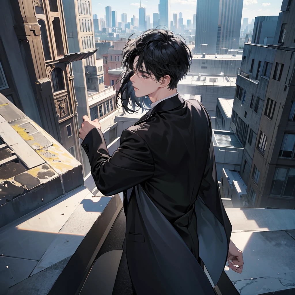 1boy, black hair, blindfolded, wearing all black suits, on top of a building, crying, high res, ultrasharp, 8k, masterpiece, looking at viewer from behind