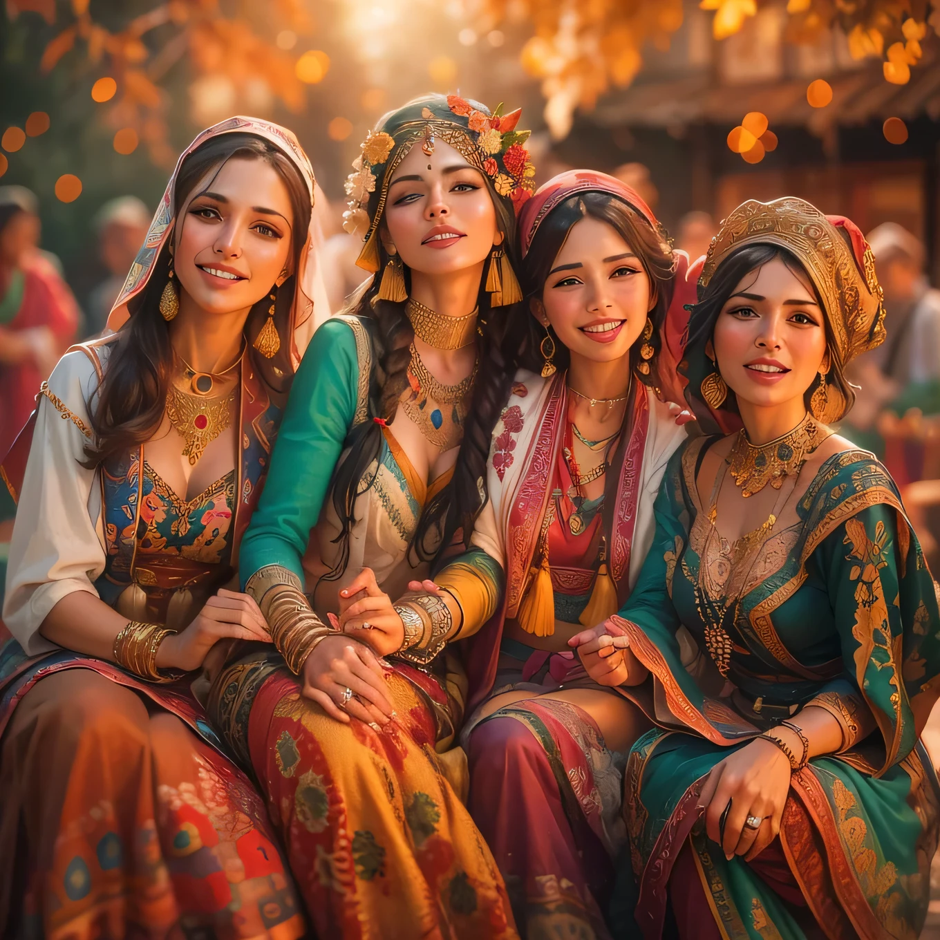 a group of gypsy women in traditional costume, vibrant colors, flowing skirts, detailed embroidery, intricate patterns, gold jewelry, expressive eyes and gestures, lively and energetic atmosphere, festive celebrations, outdoor setting, warm sunlight, bokeh effect, oil painting, high-quality details, vivid and saturated colors