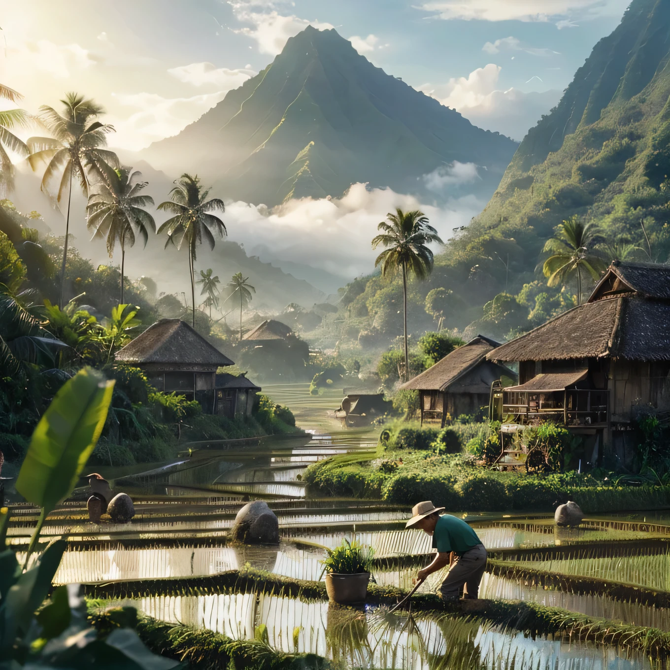 a man is working in a rice field, a matte painting, pixabay contest winner, sumatraism, 3 d virtual landscape painting, quaint village, hawaii, beautiful iphone wallpaper, mountainous jungle setting, gardening