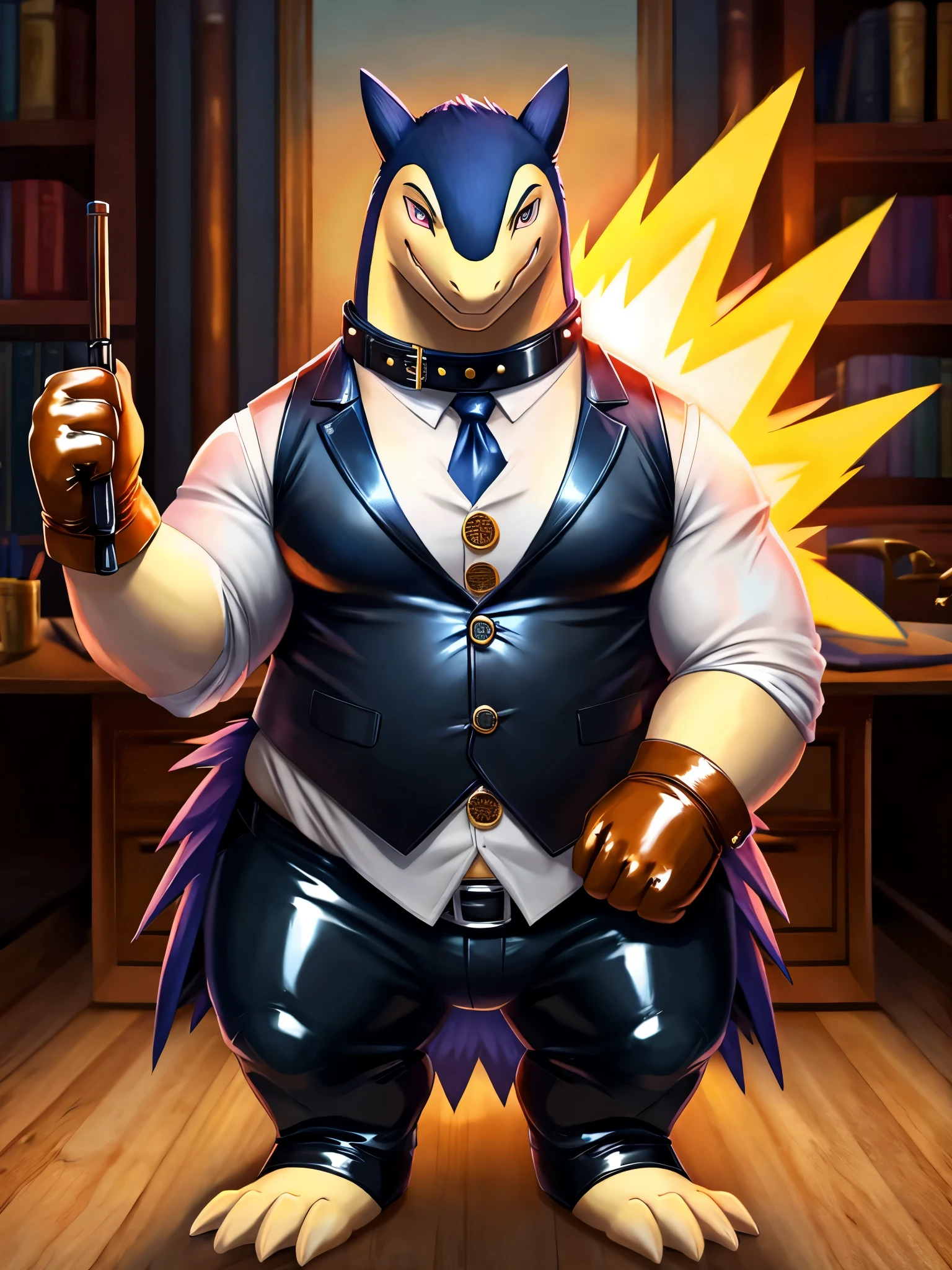 An extremely obese Anthropomorphic Typhlosion wearing steampunk clothing and a glossy leather dog collar around his neck. The leather collar is glossy and extremely detailed. The Typhlosion is also wearing glossy white rubber gloves on his hands and feet which compliments his dapper attire. The Typhlosion takes pride in his attire by wearing his leather collar and rubber gloves at the same time as leather vest and tie. The Typhlosion is showing a sense of authority by clenching his fists and showing off his dapper attire. The Typhlosion is a boss of his office and is showing a sense of authority. The Typhlosion's dapper attire also consists of a leather vest with buttons and a shirt with buttons as well. The Typhlosion is also wearing a glossy top hat on his head to demonstrate his class and wealth. The Typhlosion's white rubber gloves are glossy and shiny as well as his leather collar which is adorned with a shiny buckle on the collar. The Typhlosion is wearing his dapper steampunk attire and his leather collar and rubber gloves at the same time as he is wearing a leather vest and shirt with buttons.