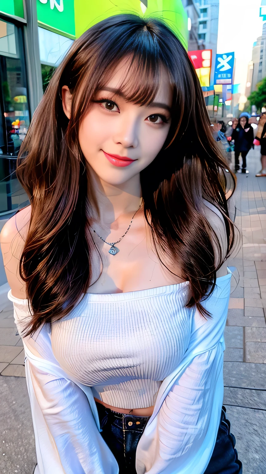 seed;2372725988,((Full Body Angle))、((Front hair:1.3))、((Highest quality, 8k, masterpiece: 1.3)), concentrated: 1.2, Cute girl 1,Nipples erect、 Perfect beauty: 1.4,Summer off-the-shoulder cropped T-shirt、Letter Print、Shorts: 1.2,Long sleeve、Randall Color、comics＆Text Graphics、Black ruffle-trimmed drawstring zip blouse,1.1, Highly detailed face and skin textures, Fine grain, double eyelid, whitening skin, ,Highest quality,Ultra-high resolution,you,1 girl,alone,_Shiny_skin,Iris,necklace,((brown_length_Wavy_hair)),(lips)),eyelash,Front hair,deal with,compensate,Shiny,pore,skin,Large Breasts、((smiling face))、stroll、Selfie、