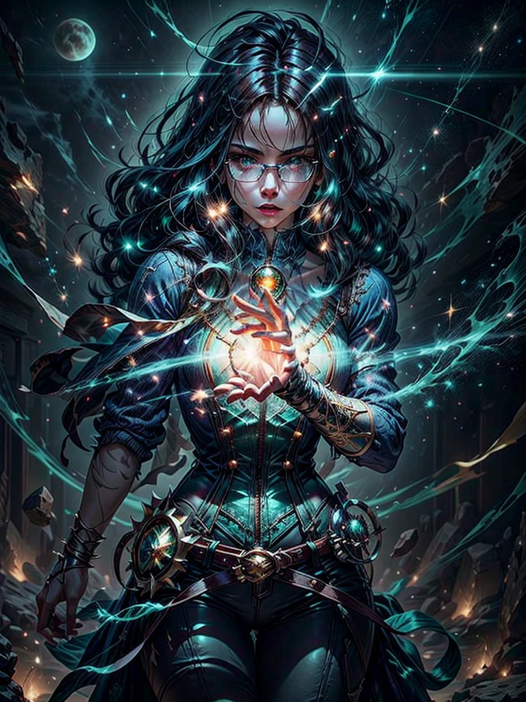 under a night sky full of stars. At the center, the female character with long red hair and blue eyes, wearing a white blouse with a black corset and brown belts. This character holds a glowing blue sphere above his head with both hands.. On the left a character with dark hair and glasses, wearing a blue coat and wielding a sword that emits dark energy. On the right another character with spiky green hair is casting a spell with glowing green magical energy around his hand. All characters are positioned in front of an ethereal cosmic backdrop that includes a large luminous moon and spiral galaxies. Extremely detaild, 8k, HDR, naturallight, cinematic lighting, masterpiece-anatomy-perfect, ultra HD, RAW photo, metallic, professional, ultra-fine painting, perfect body proportions, anatomically correct, uhd, real texture material, Anti-Aliasing, FKAA, TXAA, SSAO, Post Processing, Post Production, Tone Mapping, CGI, VFX, SFX, hyper maximalist, Volumetric, ultra photorealultra-detailed intricate details.