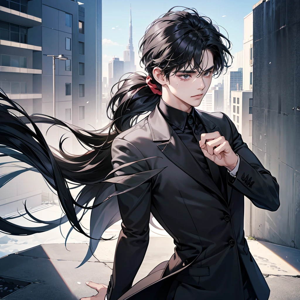 1boy, black hair, blindfolded, wearing all black suits, on top of a building, crying, high res, ultrasharp, 8k, masterpiece, looking at viewer from behind