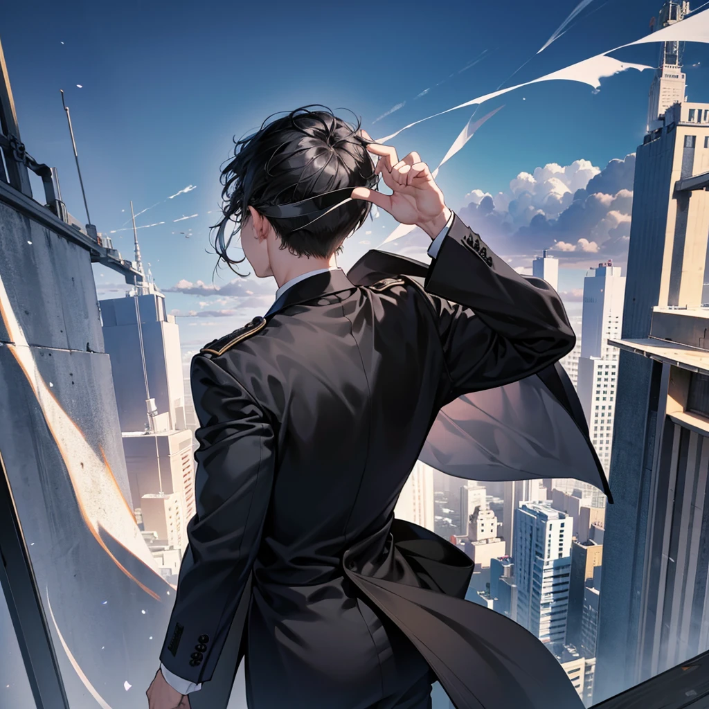 1boy, black hair, blindfolded, wearing all black suits, on top of a building, crying, high res, ultrasharp, 8k, masterpiece, looking at viewer from behind