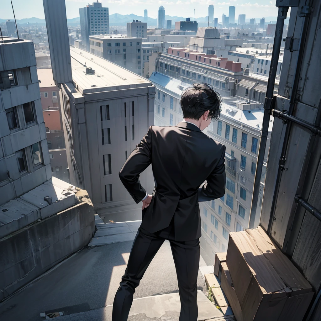 1boy, black hair, blindfolded, wearing all black suits, on top of a building, crying, high res, ultrasharp, 8k, masterpiece, looking at viewer from behind