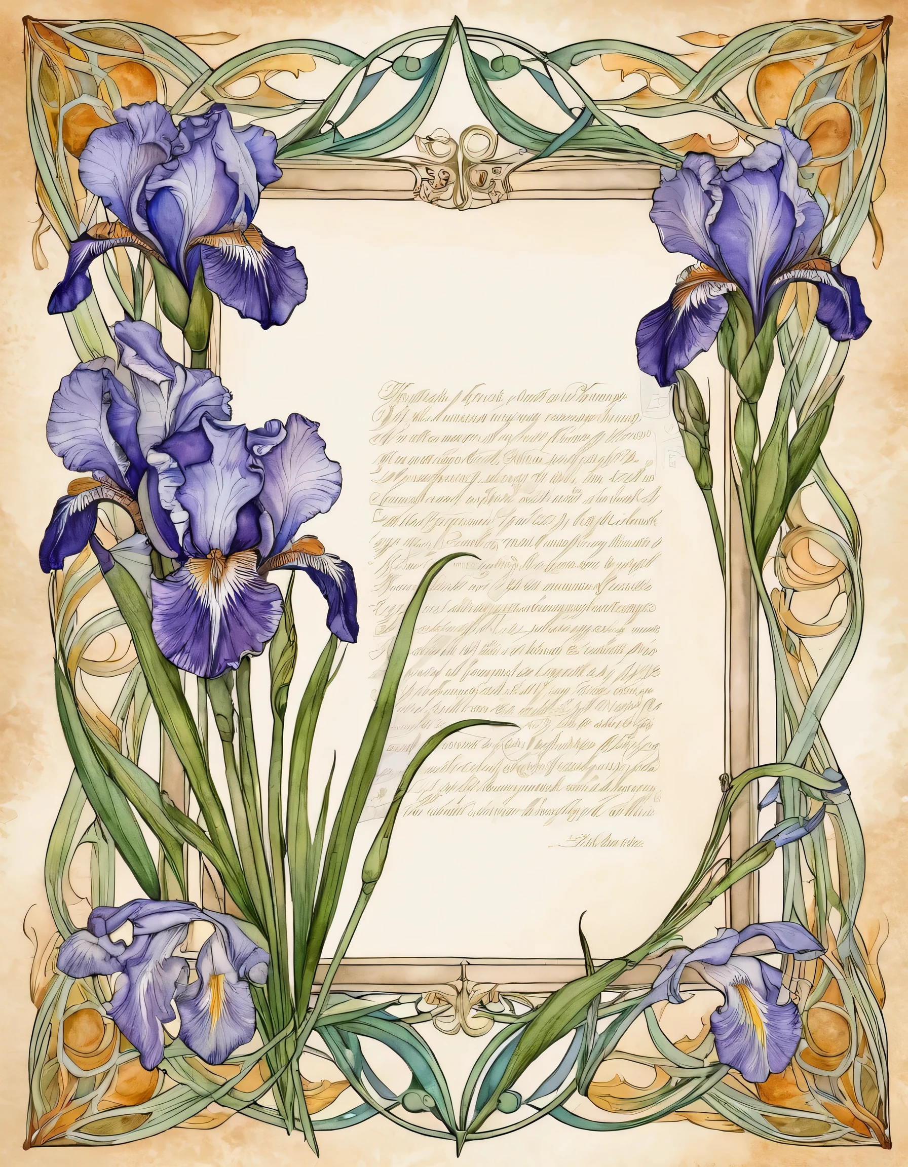 gently pastel flowers irises in the form of a frame around an ancient scroll with poems and next to a quill pen art nouveau art nouveau watercolor outline