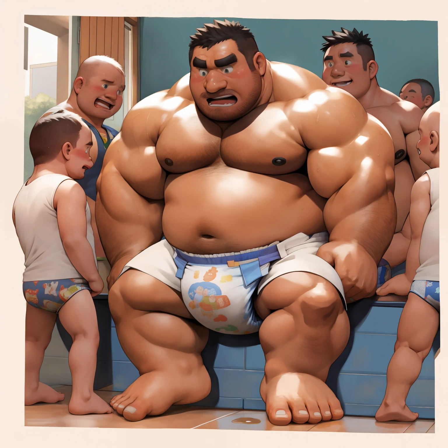 masterpiece, Top quality, in 32K, perfect anatomy, hyper detailed, super fine illustration, The thick man is a brutal prisoner, retarded, hairy human, 50yo in Japan, (fatness: 1.0), Fatty muscle, Bowleg, disappointment, incontinent, be diaper check by children, waddle, There is a small puddle under him, incontinent, Naked, short legs, Bowleg, spread legs, wear a White cloth Diaper, Bare belly, Bare legs, Bare foots, Bare soles, Shirtless, wide forehead and short thinning hair, Man with round face with stubble, Bare foots, Bare soles, shy, sissy, Weaker than children, Drool, Round face, steams, Solo, He enters  and is despised by children, He surrounded by children, His bottom is wet, Bare foots, big butt, he is scolded by the children, White Diaper, He surrounded by children, sobbing, wear a White cloth Diaper, shirtless, There is a small puddle under him, He enters nursery school and is despised by children, big butt, sobbing, He crawling to go to children, on all fours, side view