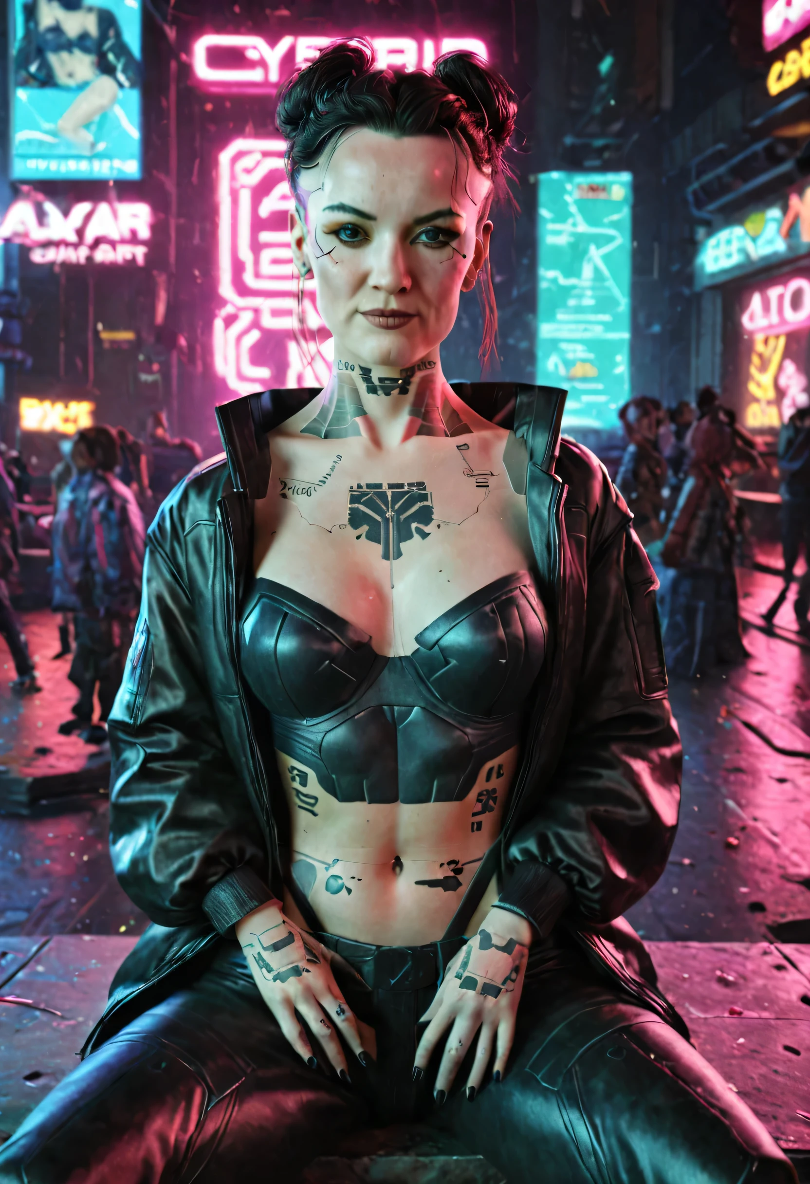 a woman in a neon pink topper black pants and black jacket sitting on the street, cyberpunk art style, cyberpunk 20 years. role model, hyper-realistic cyberpunk style, cyberpunk vibes, cyberpunk style , hyperrealisti, beautiful cyberpunk girl, cyberpunk art ultrarealistic 8k, cyberpunk girl, cyberpunk art, female cyberpunk anime girl, in cyberpunk style, cyberpunk.