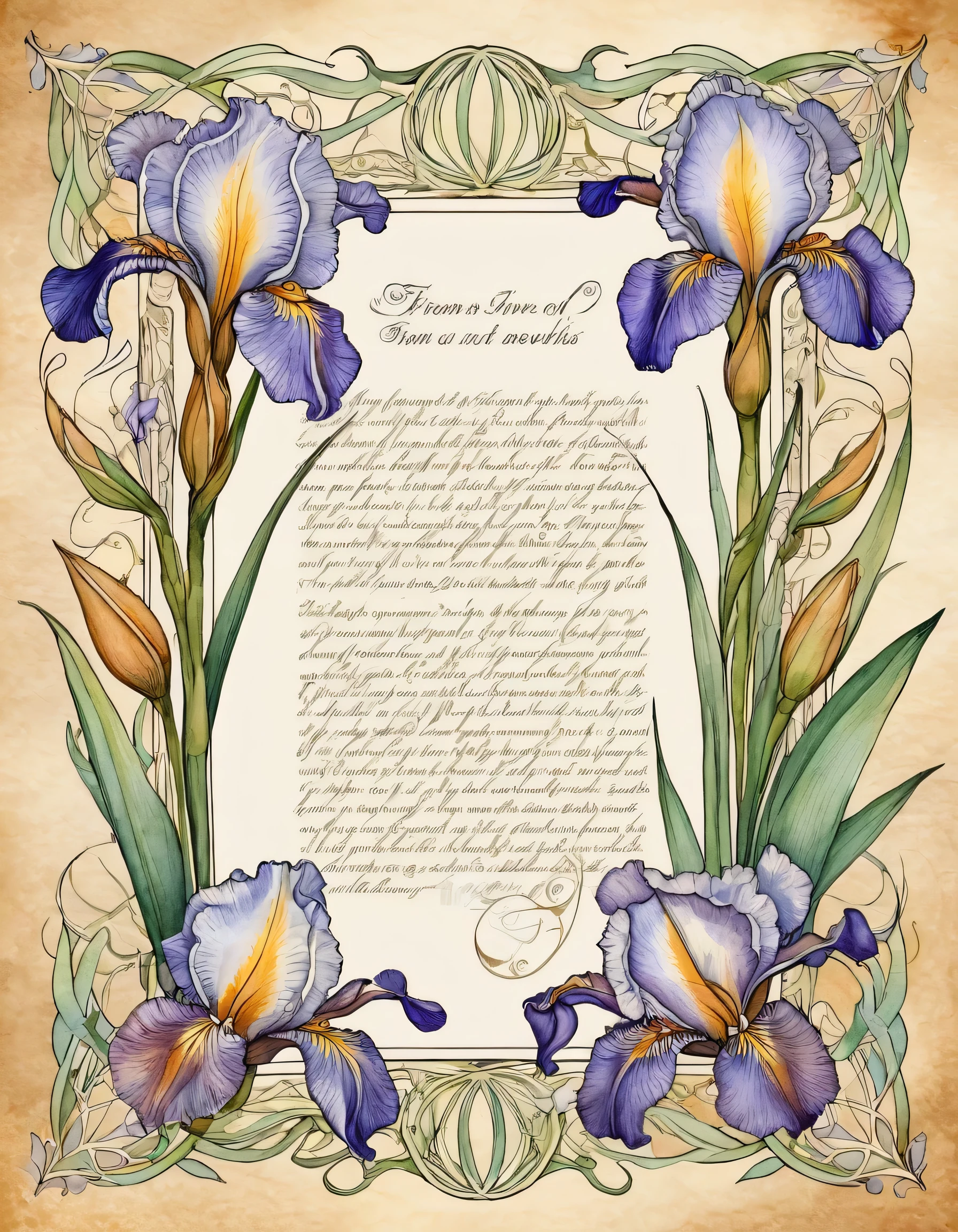 gently pastel flowers irises in the form of a frame around an ancient scroll with poems and next to a quill pen art nouveau art nouveau watercolor outline