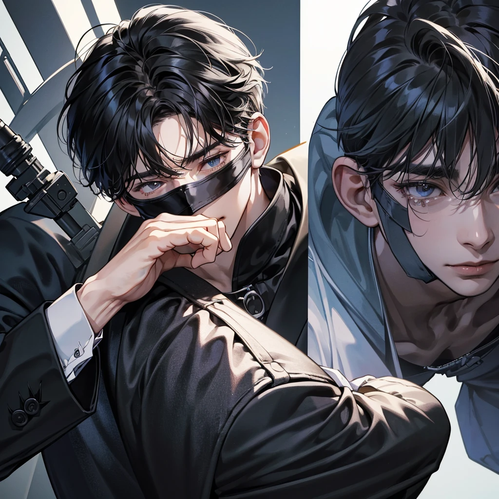 1boy, black hair, blindfolded, wearing all black suits, on top of a building, crying, high res, ultrasharp, 8k, masterpiece, close up view from behind