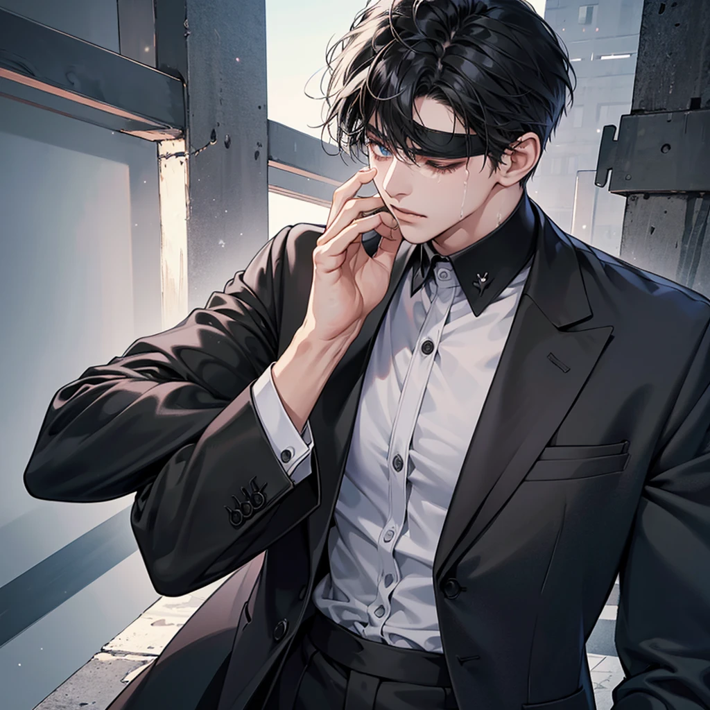 1boy, black hair, blindfolded, wearing all black suits, on top of a building, crying, high res, ultrasharp, 8k, masterpiece, close up view from behind