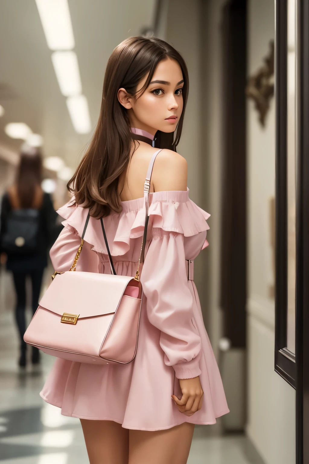 beautiful, masterpiece, best quality, extremely detailed face, perfect lighting, 1girl, solo, sketch, umi girl, blurry, blurry background, choker, closed mouth, dress, from behind, indoors, jacket, long sleeves, looking at viewer, looking back, off shoulder, pink dress, red bag, solo