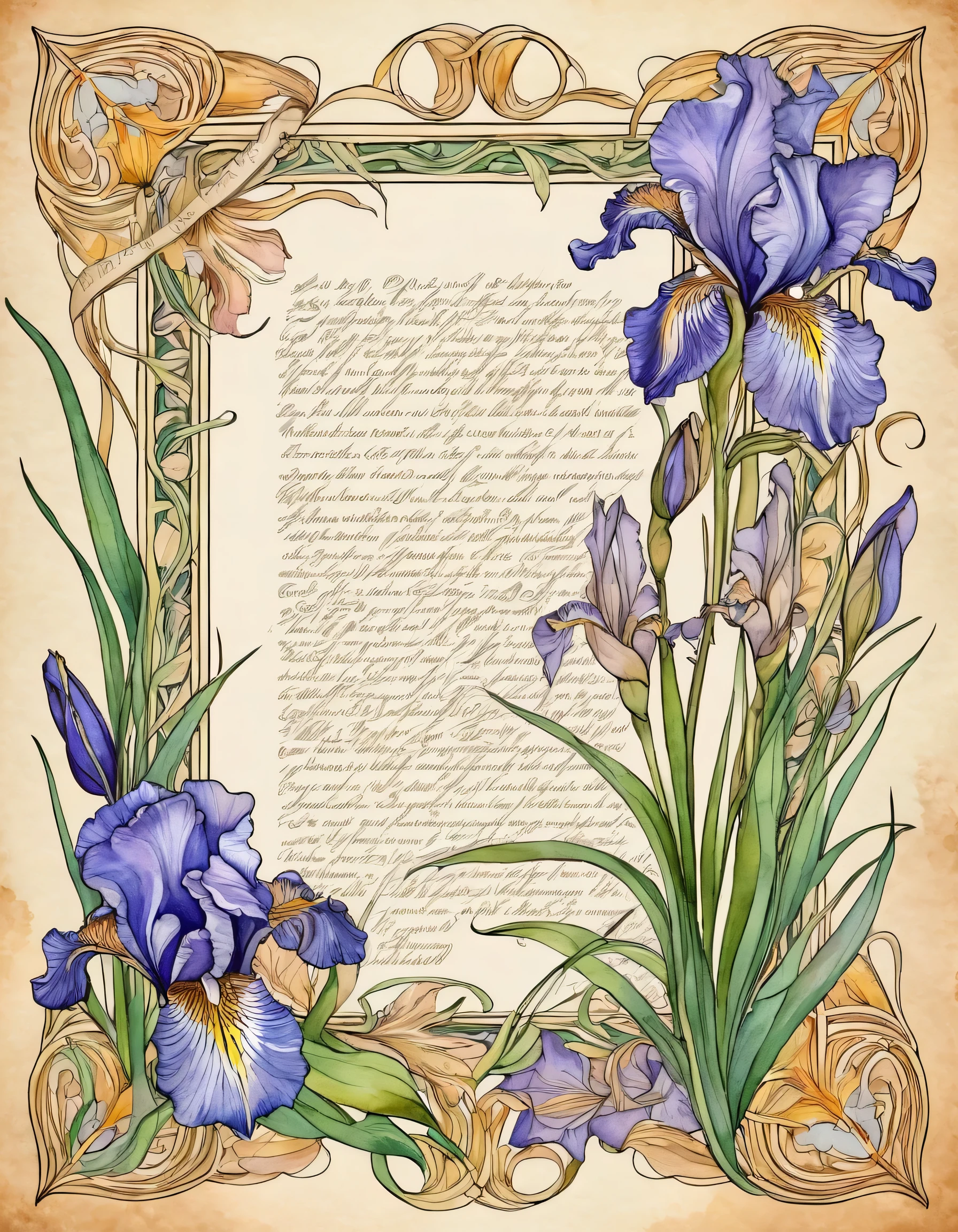 gently pastel flowers irises in the form of a frame around an ancient scroll with poems and next to a quill pen art nouveau art nouveau watercolor outline
