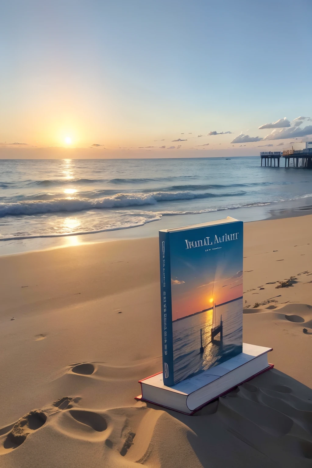 ((best qualityer)), ((work of art)), Book cover, pier on the beach in the late afternoon, Written "During the summer"