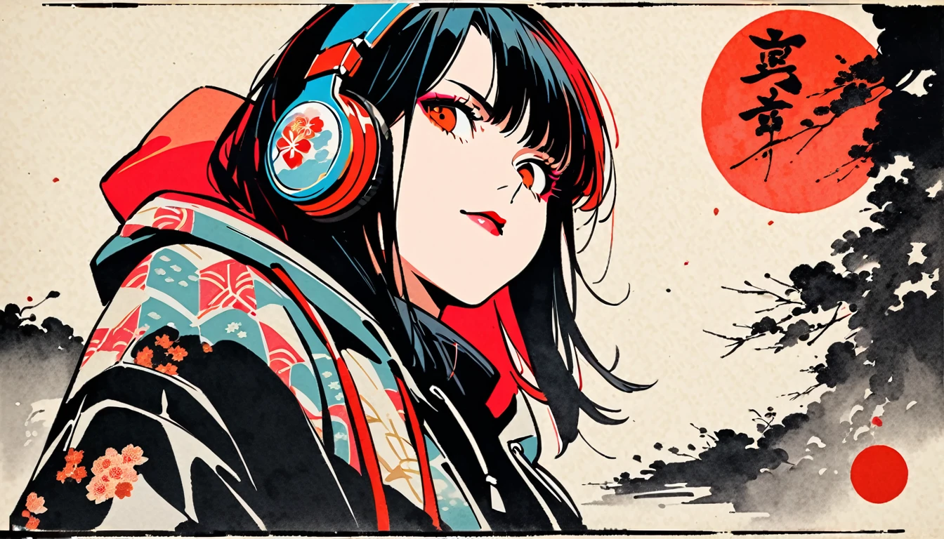 (((Ink Painting))), Fashion portrait color photos, (((from below))), (((Flashy makeup))), (((Japanese style headphones))), (((Japanese pattern hoodie))), (((Put on the hood))), Japan人の美少女, Swordsman, Delicate and precise, Modern ukiyo-e style,Japan, Japanese flag, vivid color