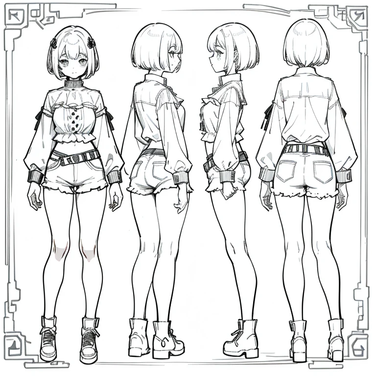 (masterpiece, best quality) detailed, digital art, girl, drawing reference, reference, lineart, clean lineart, punk, long sleeve blouse, shorts, hips, short hair, (character design sheet, same character, front, side, back)