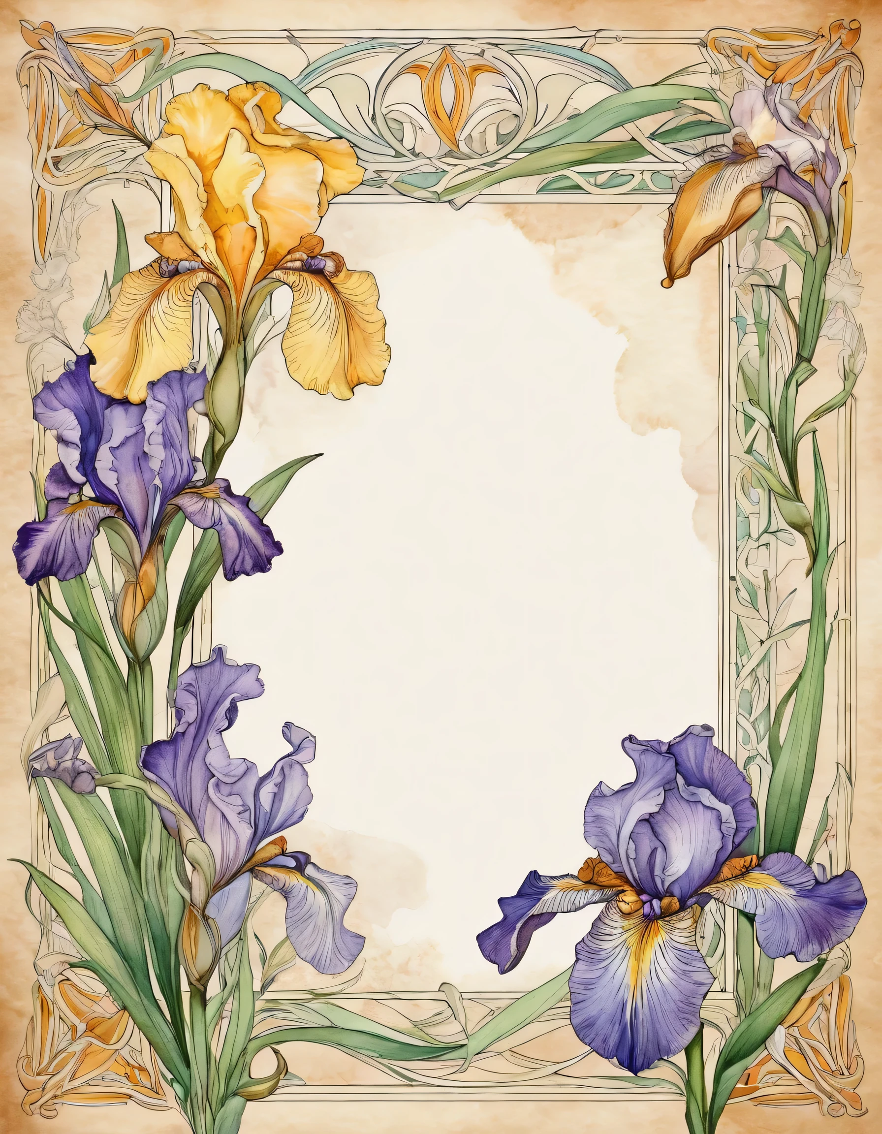 gently pastel flowers irises in the form of a frame around an ancient scroll with poems and next to a quill pen art nouveau art nouveau watercolor outline