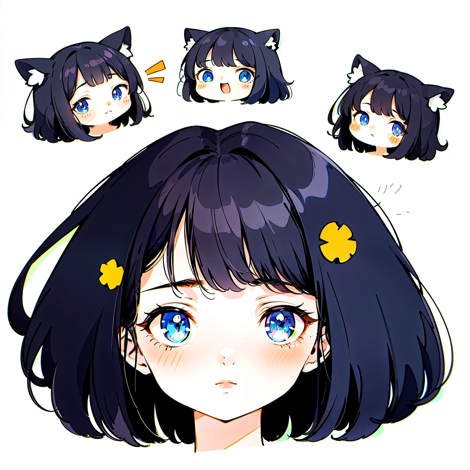 (One girl), masterpiece, Highest quality, Ultra-fine illustrations, Very cute girl, Highly detailed beautiful face, View your viewers, One girl, close, View your viewers, 4K, High resolution, A wild misunderstanding, throw, short hair,Wolf Cut、 White Background, Simple Background, Thick outline, Blue Eyes, Black Hair, Chibi Character, Expressions of affection, ((Black Hair)),((Chibi Character))