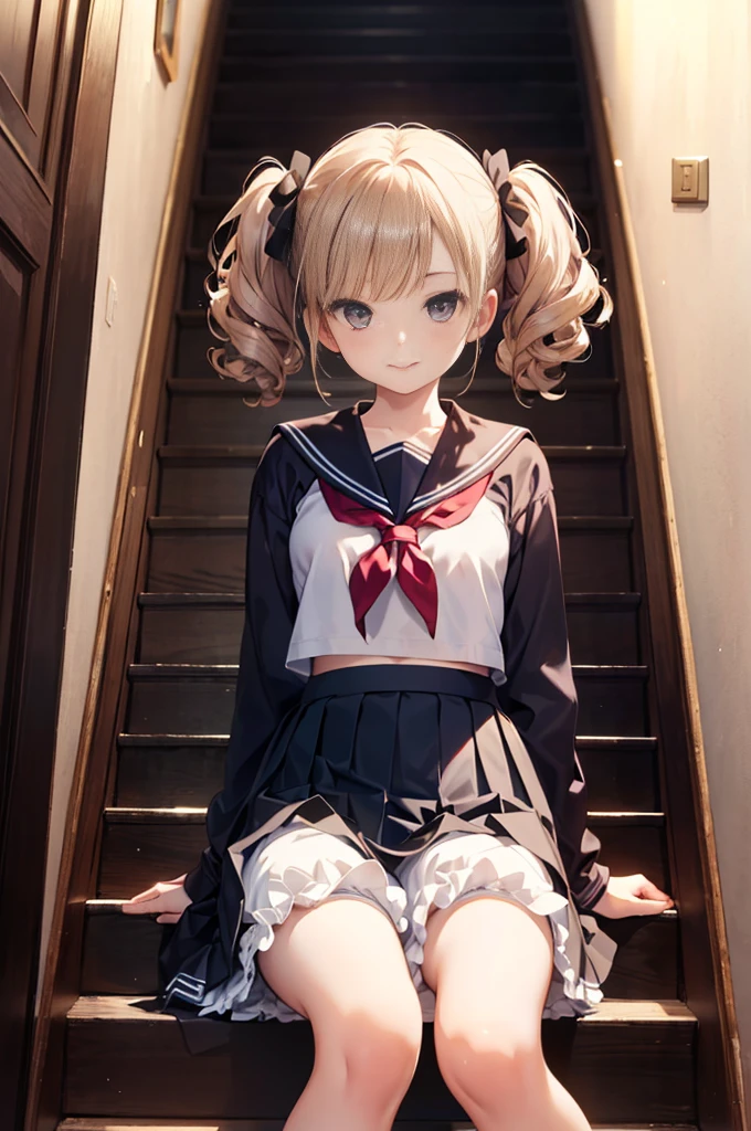 (masterpiece), 4K,young woman,Long sleeve sailor suit,Small breasts,Small Ass,Curly Twin Tails,Light bulb lighting,Realistic, skinny, Big smile,bra,((,Wear bloomers under your skirt)),Sitting on the stairs,((Knee-length frill skirt)),Angle from below the knee