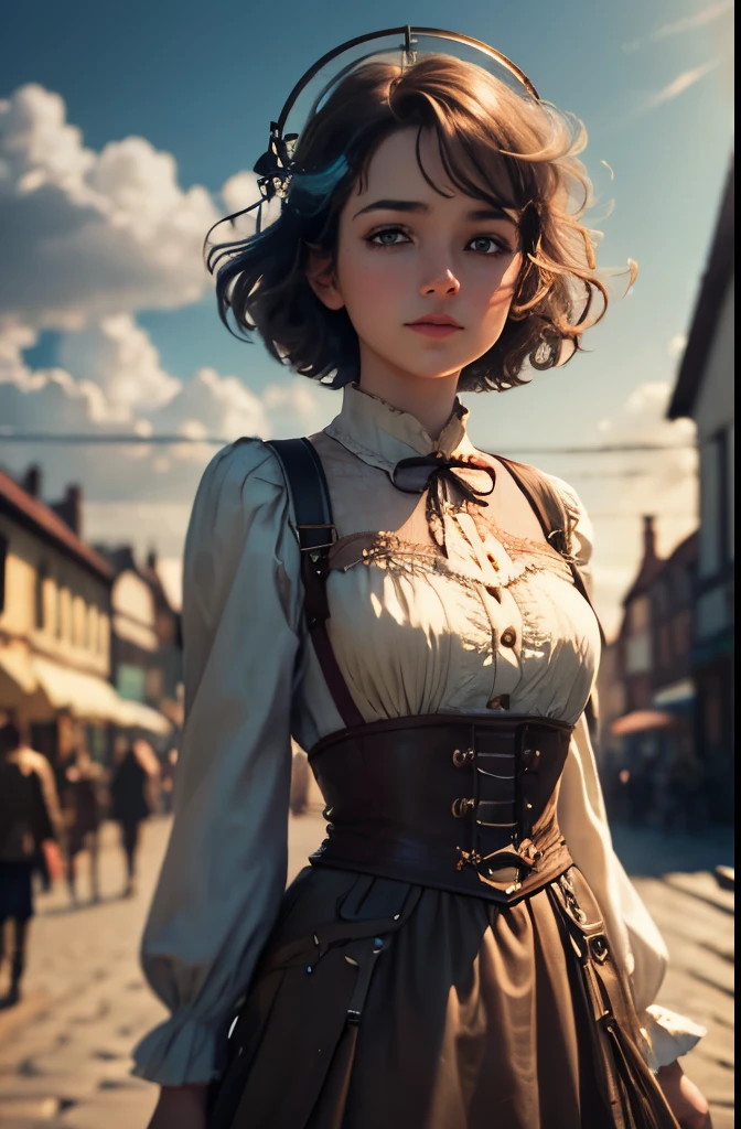 realistic, analog photo, Masterpiece, modern analog photo, middle shot, photorealistic, (detailed cute face), skyscape with clouds, nightfall, cute woman, small european town in 1910, short windblown skirt, soft steampunk aesthetic, short hair, smoke particles, halo, (bioluminescent:0.95), vibrant color details, dynamic, Intensed eyes, sexy, pleasure, wishmaster, depth of field, 35mm, film grain, raw photo, isometric, extremely detailed