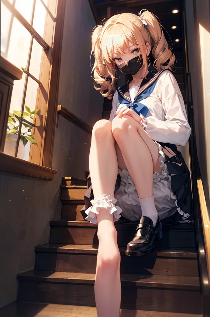 (masterpiece), 4K,Young woman,Long sleeve sailor suit,Small breasts,Small Ass,Curly Twin Tails,Light bulb lighting,Realistic, skinny, Big smile,((,Bloomers under a skirt)),Sitting on the stairs,((Knee-length frill skirt)),Angle from below the knee