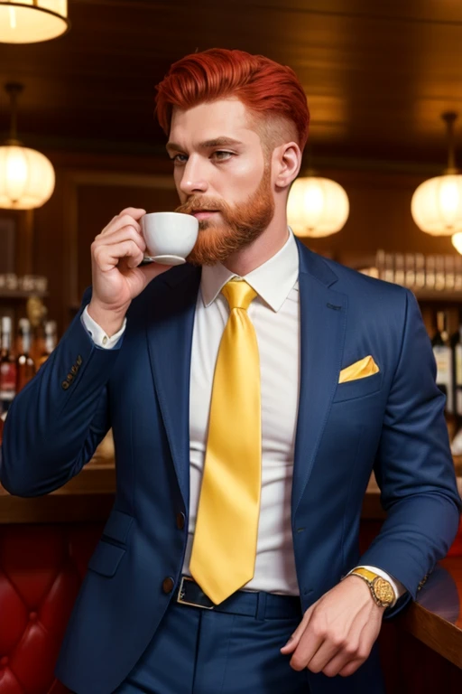 (best quality, 4k, 8k, high resolution, masterpiece: 1.2), detailed facial features, spectacular lighting, anatomically correct, super detail, (red hair and bandholz beard), elegant blue suit, white shirt and yellow tie, drinking a cup of coffee in a retro bar, happy look