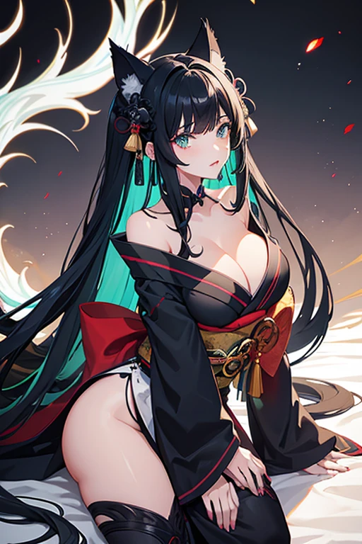 girl, blue and green eyes, corpulent, full lips, long bluish black hair, black wolf ears, nine tails, black white and red shoulder-to-shoulder yukata kimono.