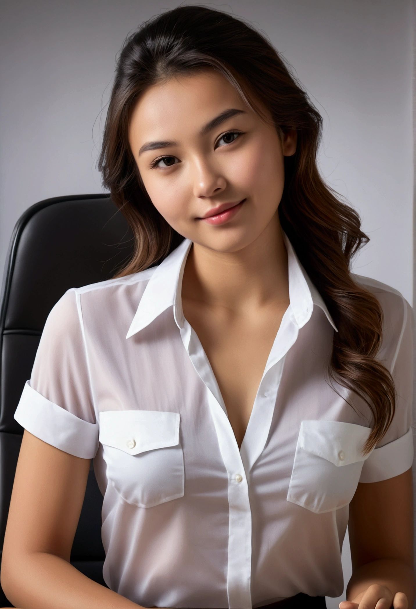best quality, head of' (Photorealistic:1.4), Eurasian,1fille, slight smile, 23 ans , chemise avec cols, high-waisted, Dramatic lighting, plan large sur tout le corp, au travail à un bureau, very sexy pose