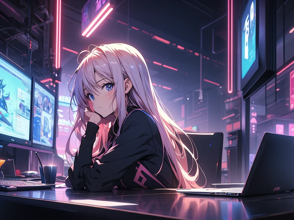 Anime girl sitting at table with laptop and monitor, anime style 4k, 4k anime wallpaper, cool anime 8k, 4k manga wallpaper, young anime fan, anime boy, anime wallpaper 4k, Anime wallpaper 4k, high quality anime style, anime Mo artstyle, anime art wallpaper 8k, anime art wallpaper 4k, RGB lighting,